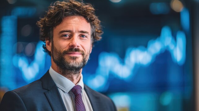 Confident businessman in a suit smiling against a financial background with graph indicators and data visualization.