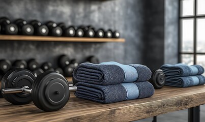 A gym scene with dumbbells and neatly folded towels displayed