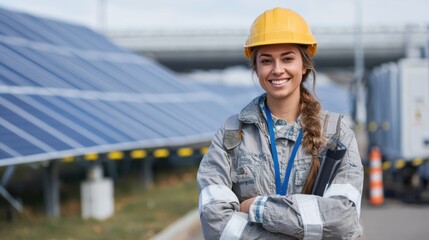 Confident female engineer smiling while overseeing solar panel installation on renewable energy project.