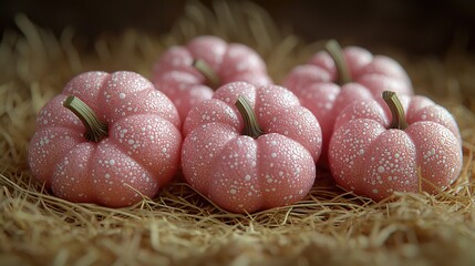 Creative Backdrop Featuring Pink Pumpkins Resting on Straw for Festive Autumn and Holiday Theme Decoration Design

