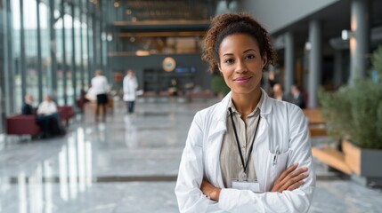 Confident healthcare professional standing in a modern hospital environment with arms crossed, showcasing dedication.