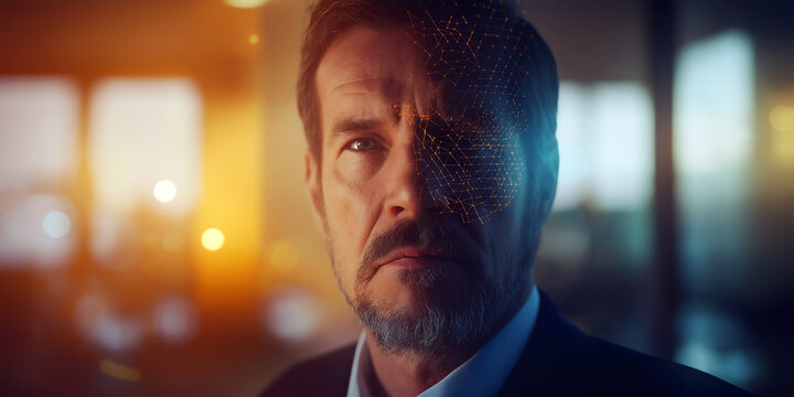 Businessman with futuristic face scan: ai and technology concept