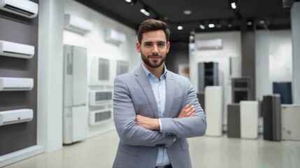 Obraz premium Confident sales associate in a modern appliance showroom, ready to assist customers with their buying decisions.