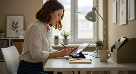 Professional woman working at a modern desk using a tablet and laptop in a bright home office with decor and plants for remote work or study setup