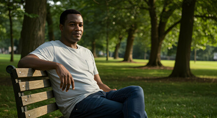 Obraz premium Young man relaxing on park bench enjoying peaceful outdoor environment with lush green trees and sunlight in a serene city park setting for leisure and relaxation stock image