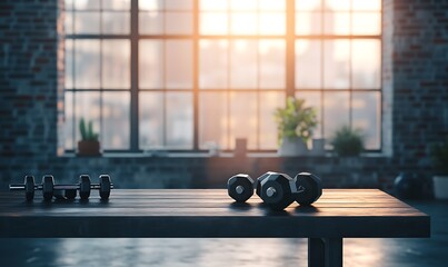 Modern gym interior featuring dumbbells on a wooden table