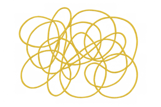Yellow rope forming intricate, interlocking circular patterns and dynamic swirling lines against transparent backdrop