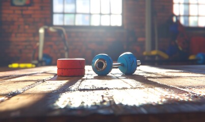 A dumbbell and weight plates resting on a wooden floor indoors