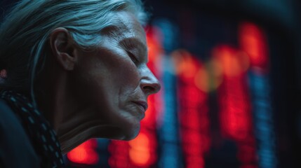 Obraz premium Focused businesswoman analyzing market trends amidst vibrant stock market displays.