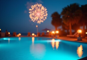 Summery Beach bonfire with swimming pool during fireworks illumination
