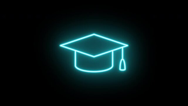 Neon mortarboard icon animation, slow blink. Glowing neon academic hat, looped slow flashing animation. University graduate, business education, MBA, master degree. Azure violet blue colors