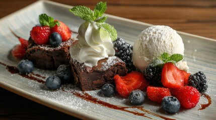 Indulge in a rich chocolate dessert topped with fresh berries and ice cream, perfect for any sweet tooth.