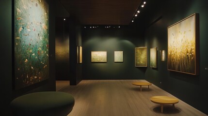 Modern art gallery interior.  Dark, elegant space showcasing abstract paintings
