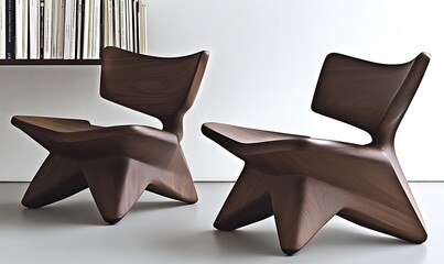 Two modern wooden chairs with a unique star shaped design