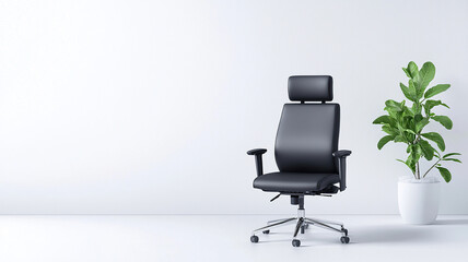 Sleek ergonomic office chair with adjustable features stands against minimalist backdrop, complemented by vibrant green plant in white pot, creating modern workspace atmosphere