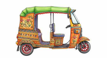 Vibrant Decorated Auto Rickshaw Illustration on White Background