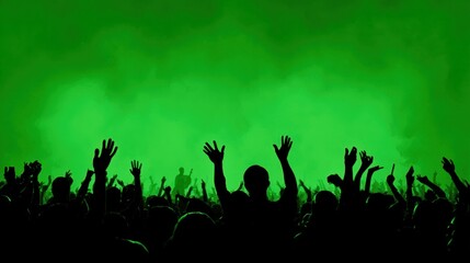 Silhouettes of people celebrating with raised hands against a vibrant green background, capturing joy and togetherness.