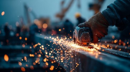 Close-up of a gloved hand operating an angle grinder cutting through a metal beam, producing bright golden-orange sparks against dark metal, with a blurred industrial work site background, cool blues,