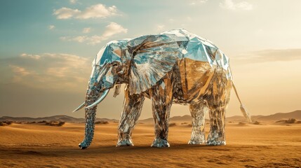majestic elephant composed of crystal shards in surreal desert