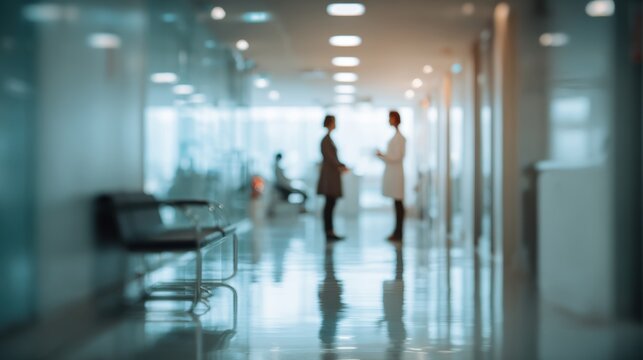 Two healthcare professionals converse in a bright, modern hospital corridor, promoting collaboration and care.