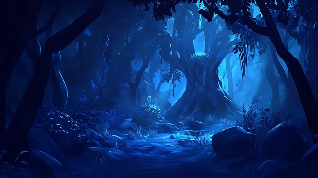 Mystical nighttime forest scene