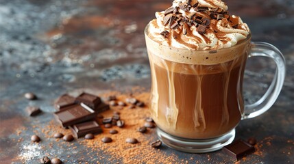 Cozy Fall Concept of Pumpkin Latte in Coffee Cup Topped with Cream and Chocolate for Seasonal Beverage and Autumn Drink Design

