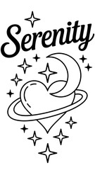 Tattoo Art Graphic design featuring the word Serenity with a cartoon heart and crescent moon surrounded by stars