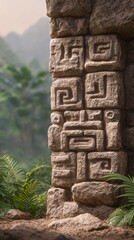 Obraz premium Ancient Mayan Ruins Stone Carvings in Jungle Setting for Travel and Exploration