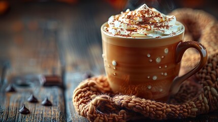 Cozy Fall Concept of Pumpkin Latte in Coffee Cup Topped with Cream and Chocolate for Seasonal Beverage and Autumn Drink Design

