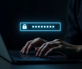 A person is typing on a laptop keyboard, with a glowing blue password input field showing obscured characters and a lock icon overlaid above it.