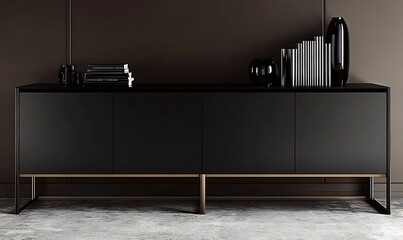 Modern Black Cabinet Displaying Decorative Objects in Interior Design