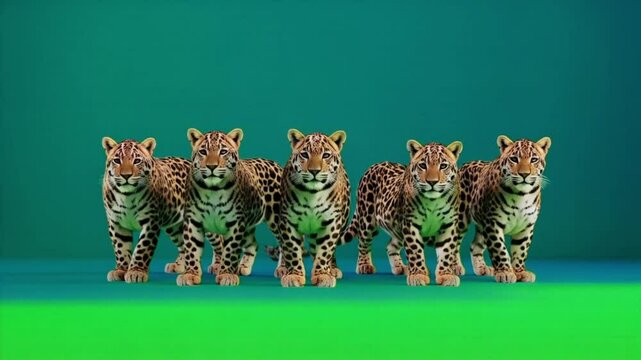 A group of five jaguars standing in a row on a green and blue gradient background looking forward green screen animal video