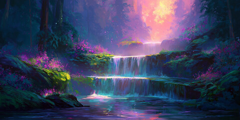 Obraz premium Majestic waterfall cascading through a lush and enchanting forest landscape
