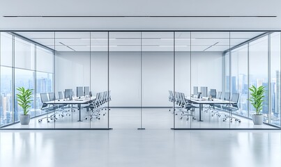 Modern office conference rooms with tables and seating arranged for meetings