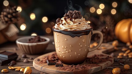 Cozy fall concept of a pumpkin latte in a coffee cup topped with cream and chocolate,  