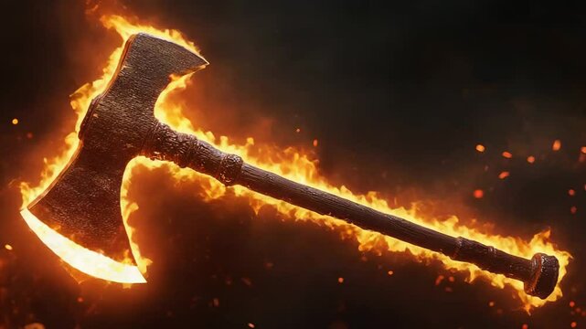 Burning axe on fire with embers flying in the air