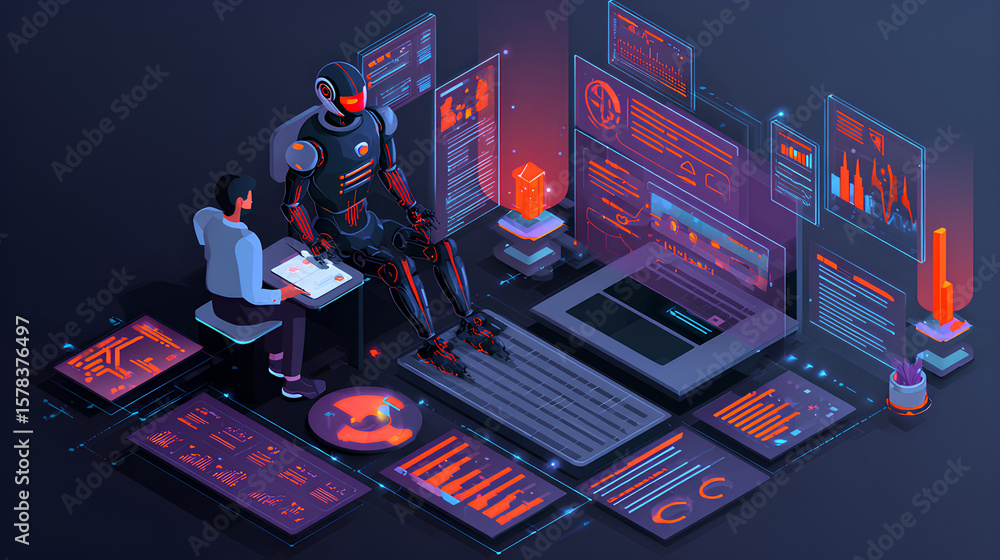 Poster ai artificial intelligence technology for data analysis, research, planning, and work generate. man 