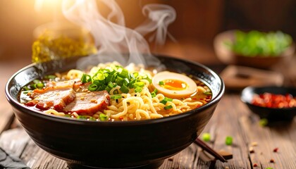 Authentic Japanese Ramen: Hot Noodle Soup with Chashu Pork, Soft-Boiled Egg & Scallions, Steaming...