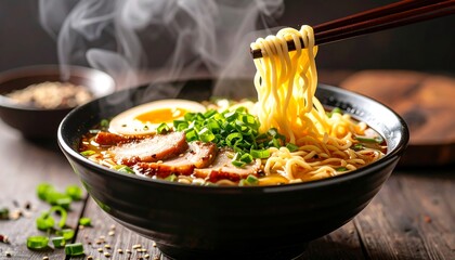 Steaming Hot Japanese Ramen Bowl with Delicious Noodles Lifted by Chopsticks. Authentic Asian Soup...