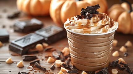 Cozy fall concept of a pumpkin latte in a coffee cup topped with cream and chocolate,  
