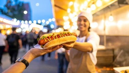 Fototapeta premium Smiling Vendor Hands Delicious Hot Dog to Customer at Vibrant Evening Street Food Market with Bokeh Lights