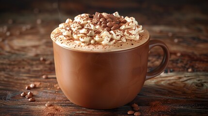 Cozy fall concept of a pumpkin latte in a coffee cup topped with cream and chocolate,  