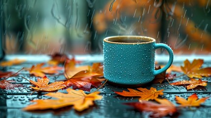 Cozy Autumn Scene with Mug and Colorful Leaves by Rainy Window for Seasonal Comfort and Fall Atmosphere Design

