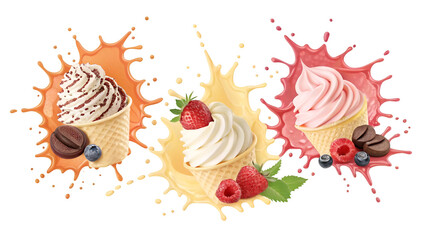 Delicious ice cream cones with fruit toppings and colorful splashes perfect dessert treat for summer days