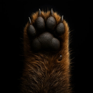 Close up of brown bear paw showing claws and pads on black background