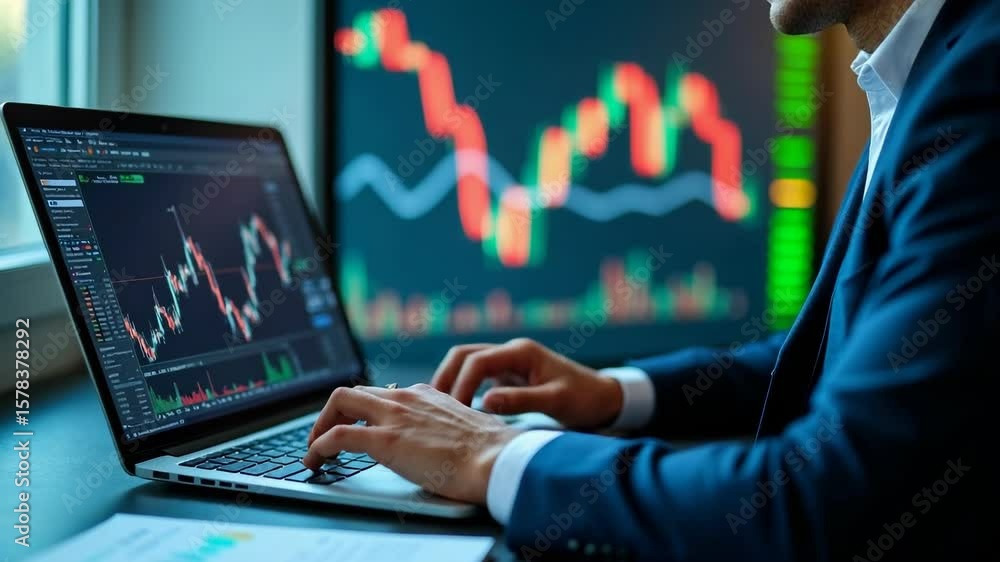 Poster businessman using laptop for analyzing data stock market. forex trading graph concept. trading forex