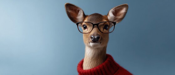Obraz premium Deer Wearing Glasses and Red Sweater Depicting Animal Anthropomorphism Concept