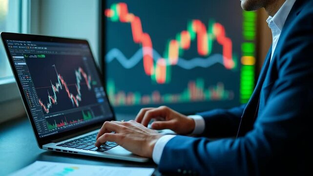 Businessman using laptop for analyzing data stock market. Forex trading graph concept. Trading forex data information..