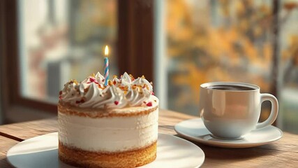 Small birthday cake with lit candle and cup of coffee by the window