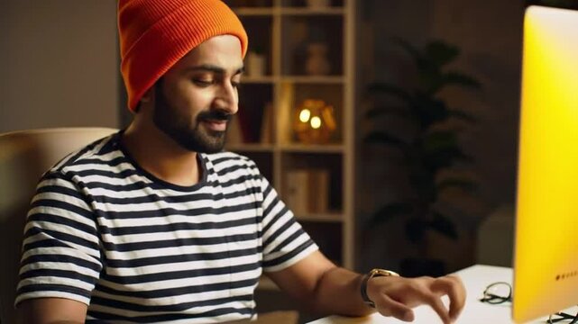 Man, creative and typing at computer with smile, digital animator and software for design at desk. Productivity, happiness and keyboard with visual effects or animation process at startup workplace